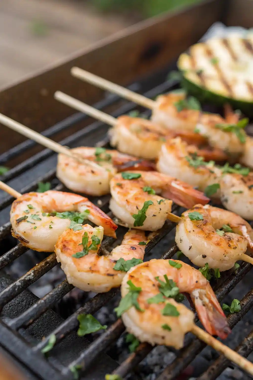 Grilled Texas Roadhouse shrimp recipe skewers on the grill with garlic lemon butter and fresh parsley.