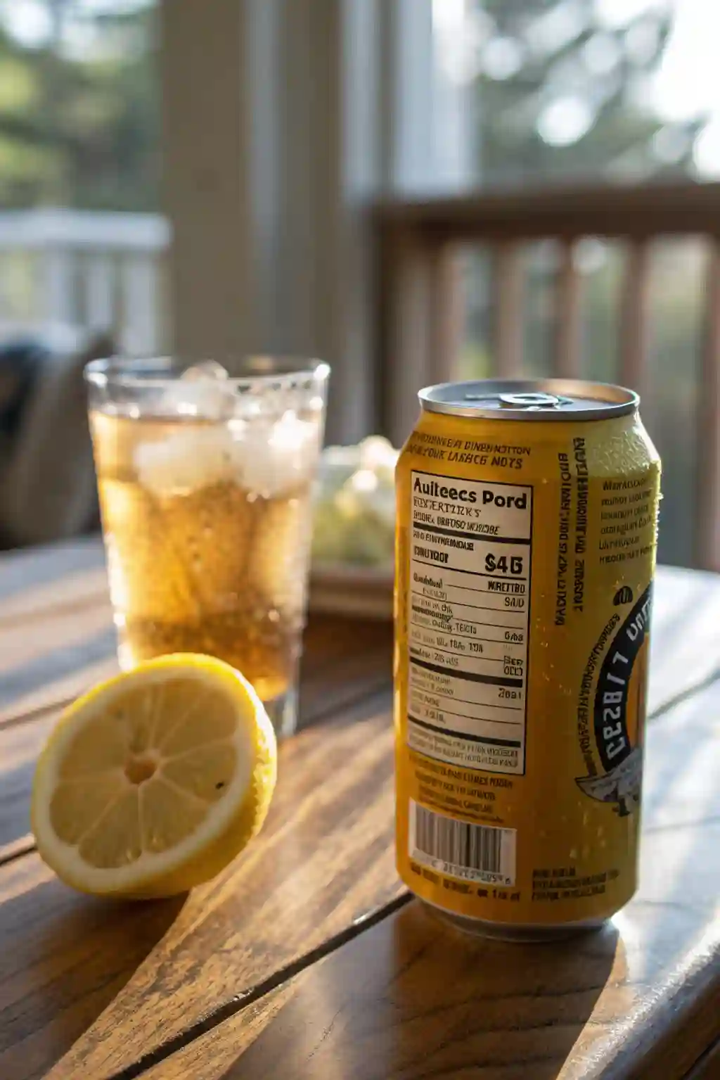 A can of Twisted Tea Half & Half on a wooden table with a lemon wedge and ice-filled glass.