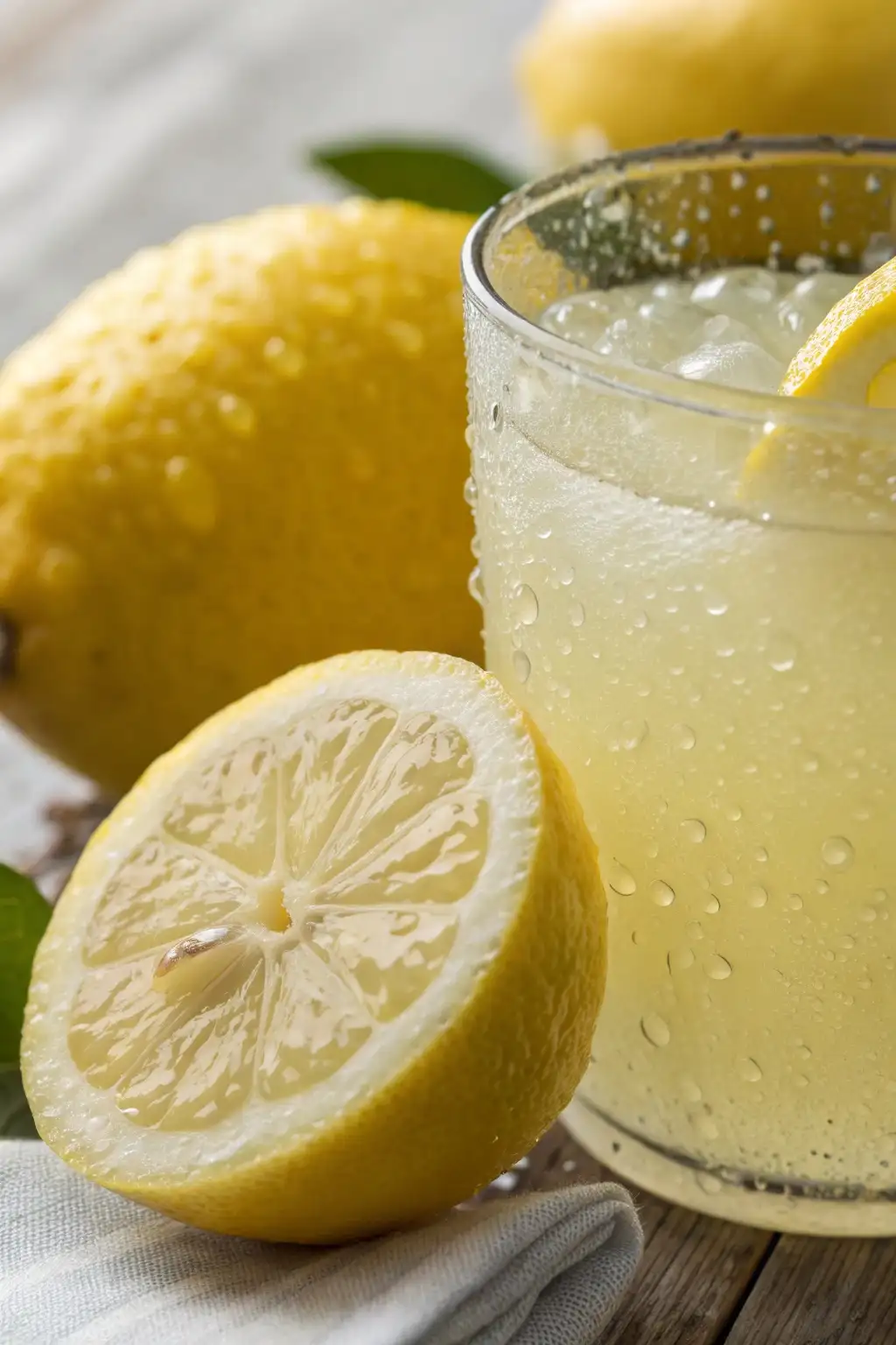 A fresh lemon sliced in half with droplets of water, accompanied by a glass of homemade Hubert’s lemonade on a wooden table.