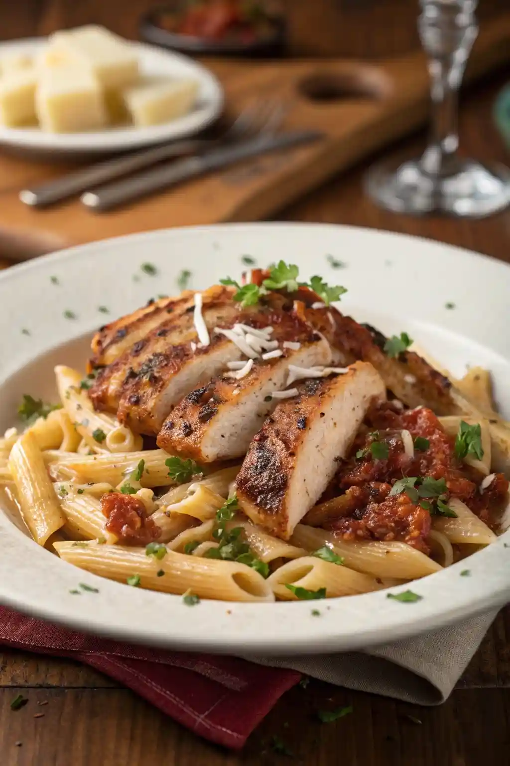 A plate of creamy Jerk Chicken Pasta with grilled chicken slices, garnished with parsley and Parmesan cheese, served on a rustic wooden table.