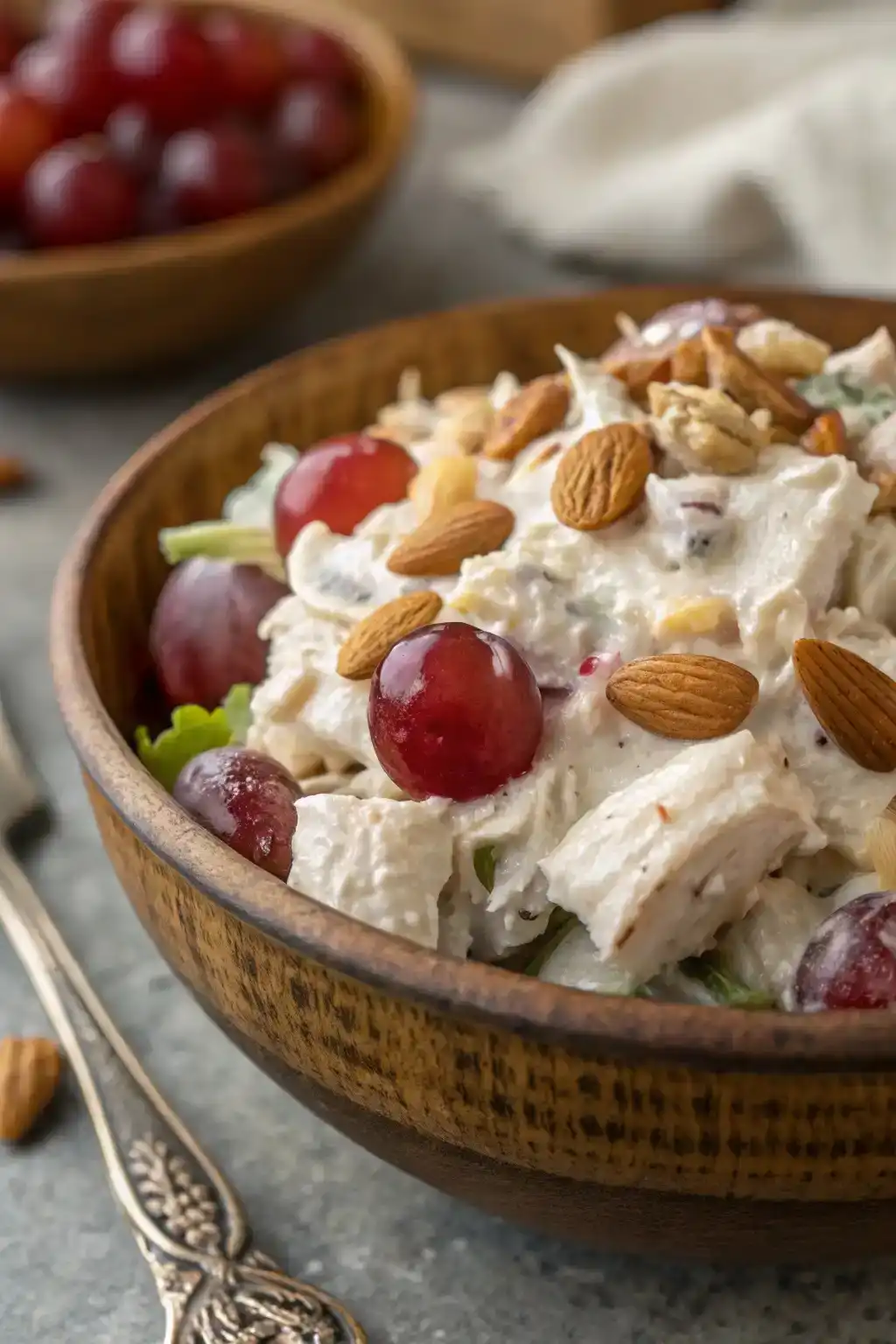 A close-up of a delicious Willow Tree chicken salad recipe with creamy dressing, shredded chicken, red grapes, and almonds.