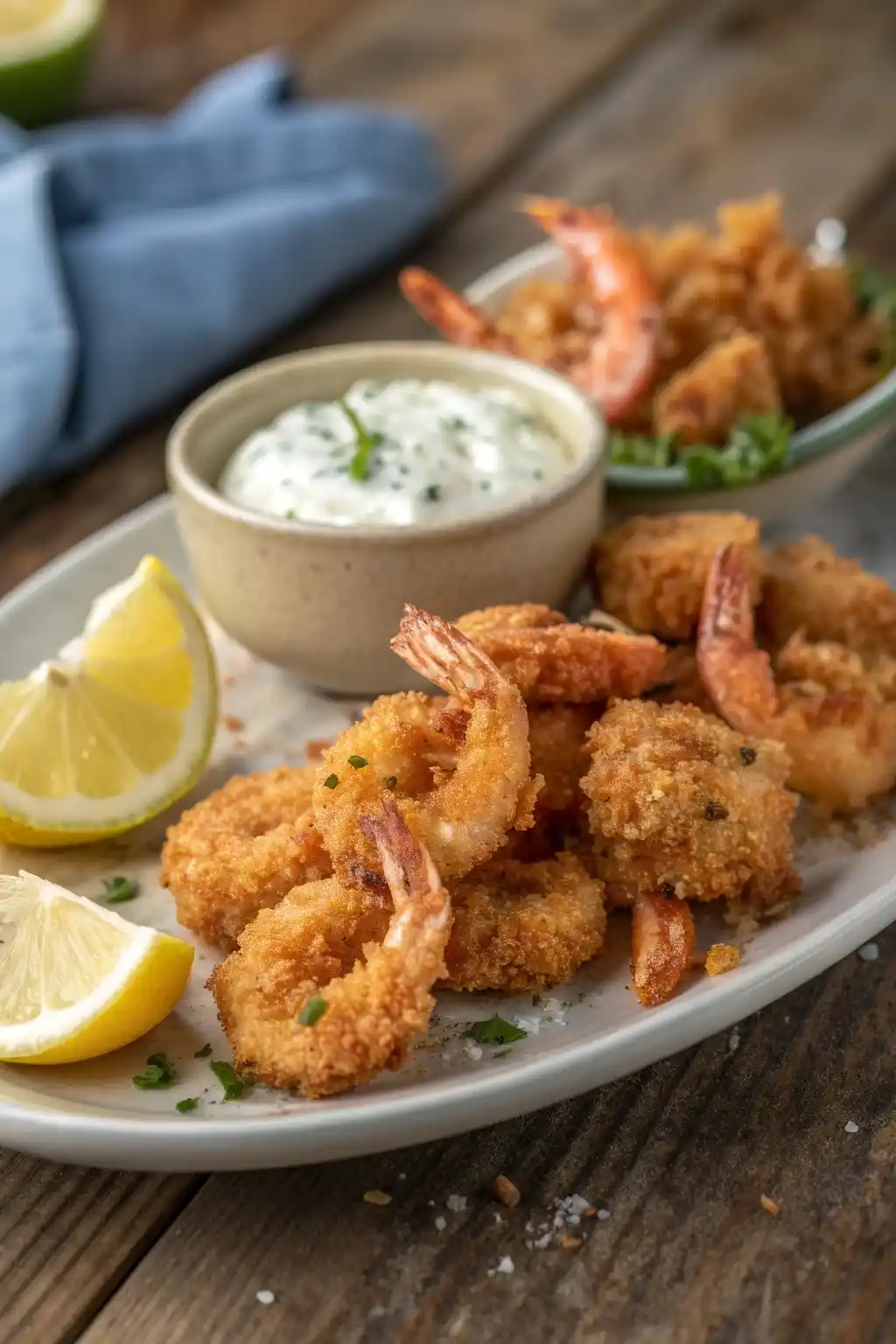 Close-up of crispy, golden Calabash shrimp with lemon wedges and tartar sauce, set on a rustic wooden table.