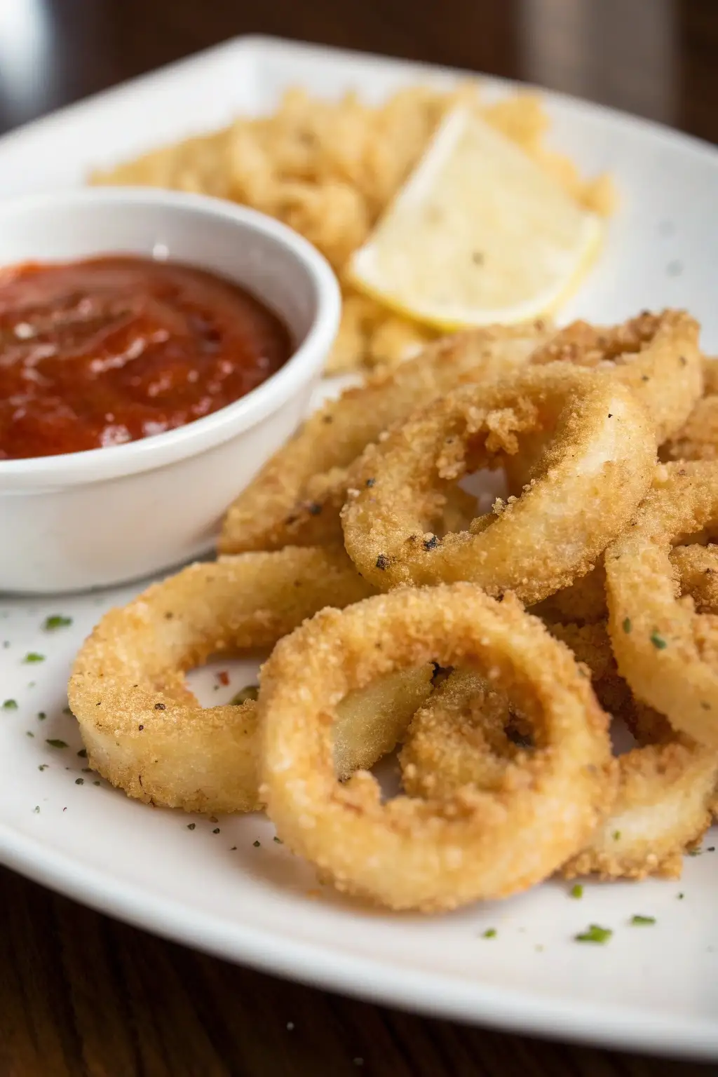 Close-up of crispy air fryer calamari rings served with marinara sauce for dipping.