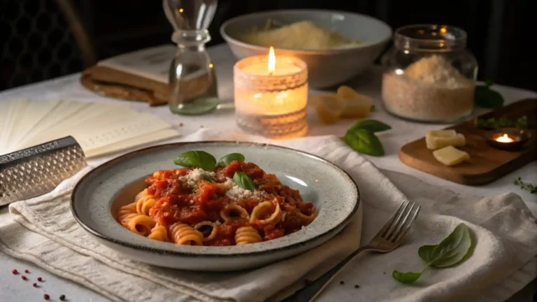 A cozy dinner scene with trottole pasta in tomato sauce, a glass of red wine, and a candlelit table setting.