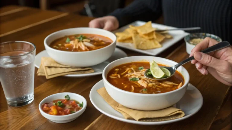 A cozy dinner setting featuring two bowls of chicken tortilla soup, with a person squeezing fresh lime juice over one bowl while another hand holds a spoon.