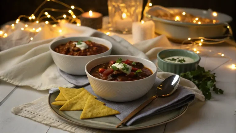 Chili vegetal served with cornbread and tortilla chips in a cozy dinner setting.