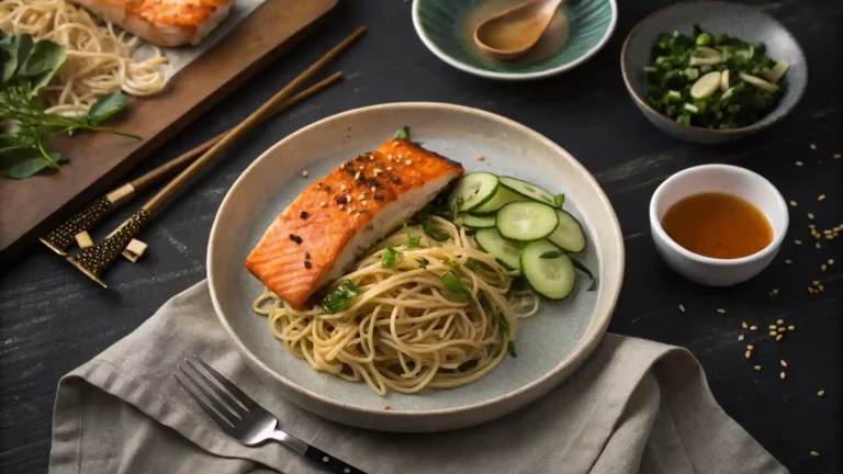 Dinner setting with Cheesecake Factory Miso Salmon Recipe , sesame noodles, and cucumber salad on a white plate