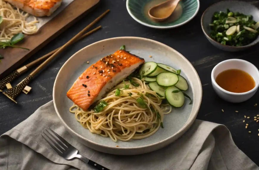 Dinner setting with Cheesecake Factory Miso Salmon Recipe , sesame noodles, and cucumber salad on a white plate
