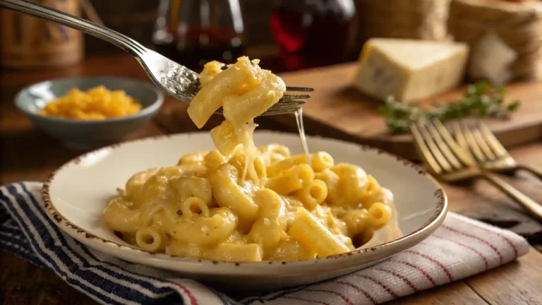A fork lifting a bite of creamy macaroni and cheese, showing its smooth texture, with a cozy homey atmosphere in the background.