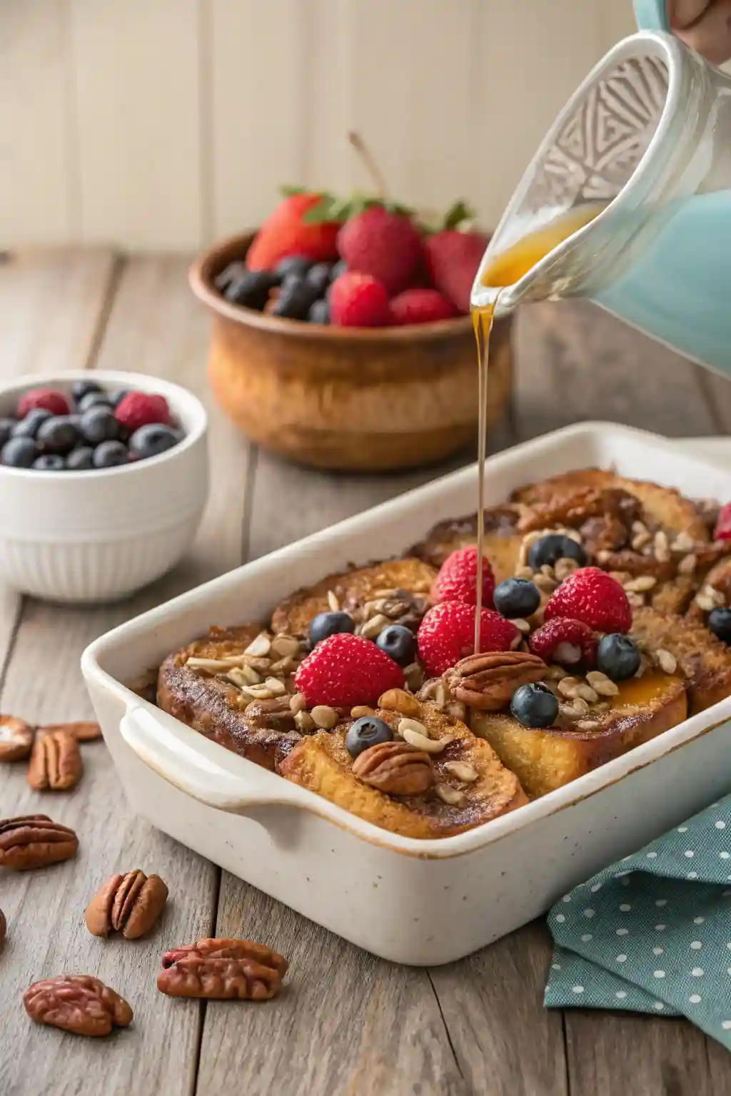 A delicious serving of Paula Deen’s baked French toast topped with pecans, golden syrup, and fresh berries on a rustic breakfast table.