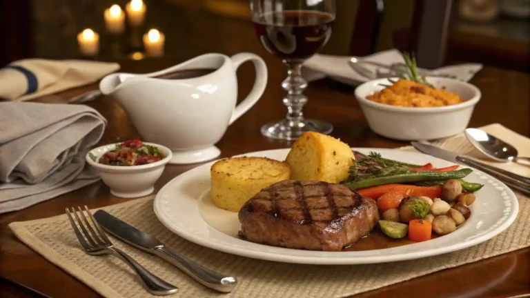 Dinner table with deer cube steak, cornbread, vegetables, and gravy in a cozy home setting.
