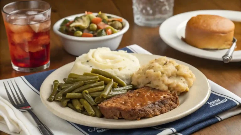Southern comfort meal with green beans, mashed potatoes, and meatloaf or vegetarian main dish
