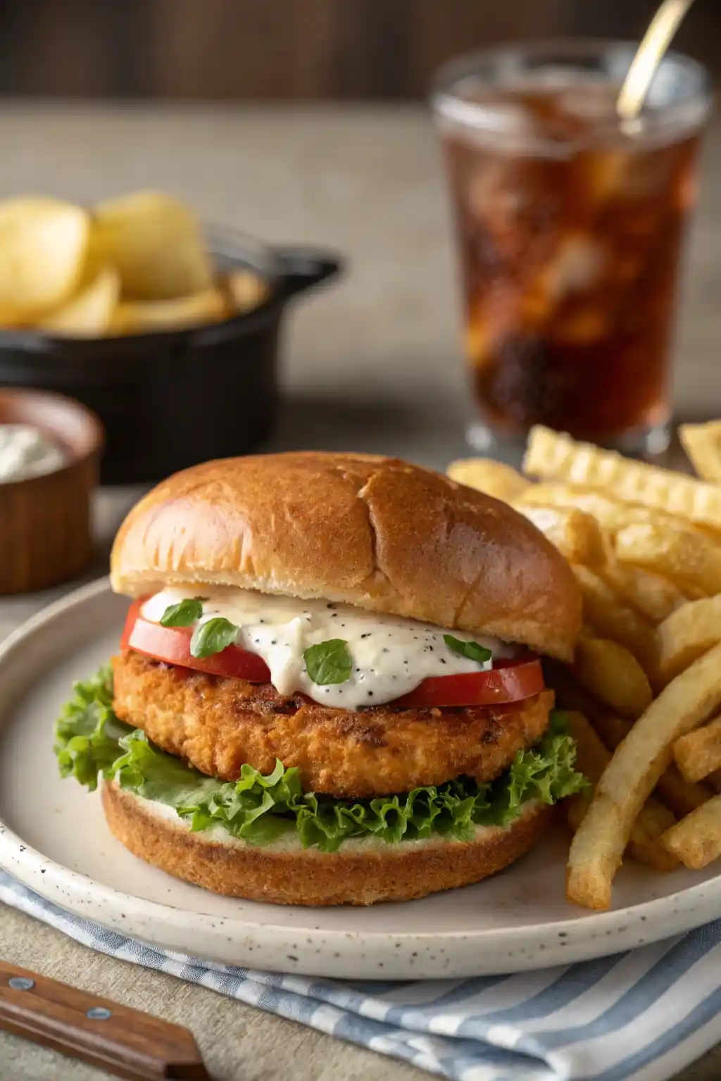 Tyson chicken patty sandwich with lettuce and tomato served with fries and a drink