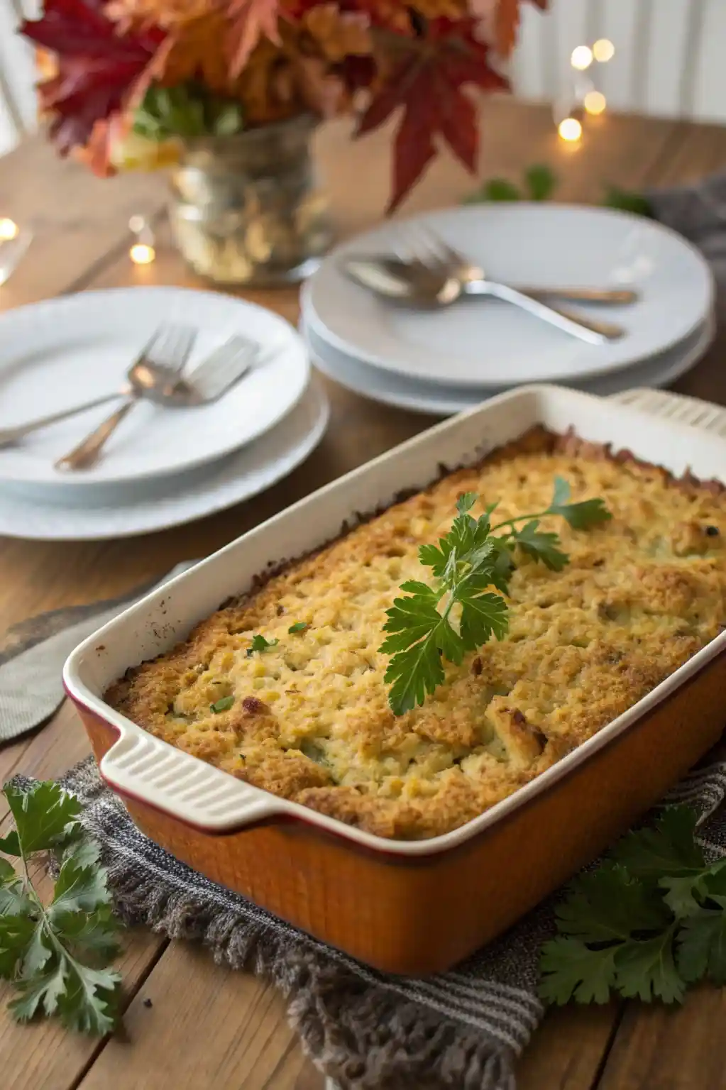 Freshly baked Southern cornbread dressing in a casserole dish, garnished with parsley on a festive holiday table.
