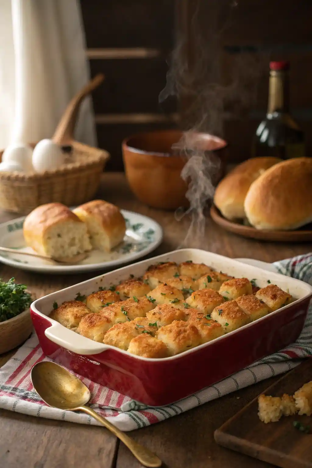 Golden tater tot tim walz hot dish recipe being served on a cozy dinner table with bread rolls.