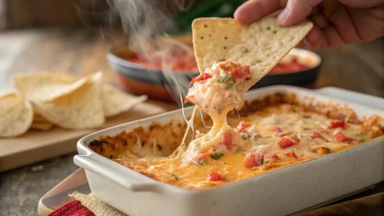 Scoop of hot crab dip lifted with a tortilla chip, showcasing gooey melted cheese.