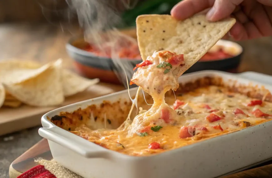 Scoop of hot crab dip lifted with a tortilla chip, showcasing gooey melted cheese.