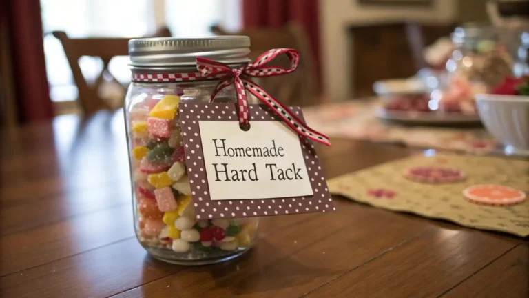 Glass mason jar filled with homemade hard tack candy, tied with a ribbon and a personalized gift tag, resting on a wooden table.