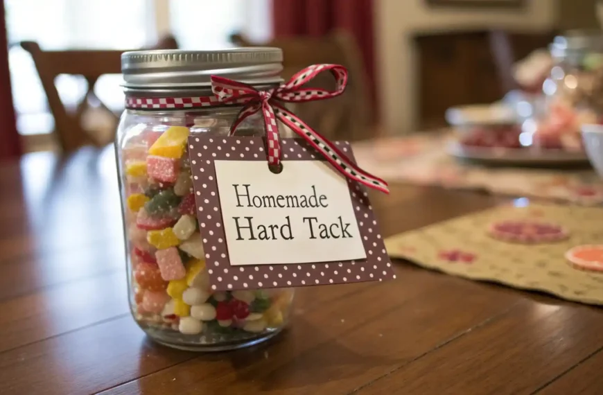 Glass mason jar filled with homemade hard tack candy, tied with a ribbon and a personalized gift tag, resting on a wooden table.