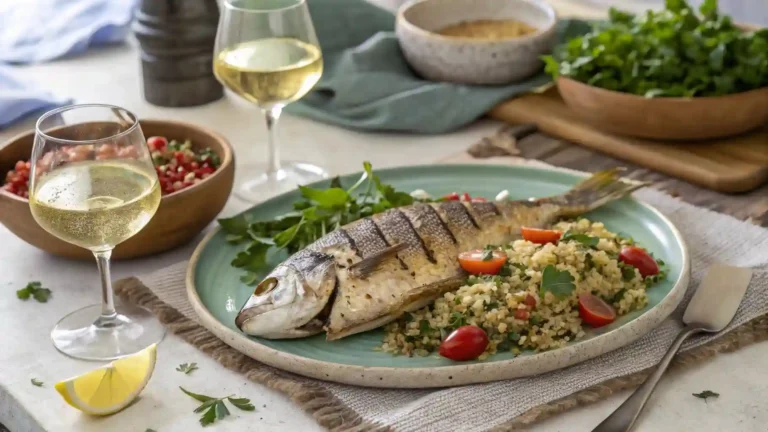 Mediterranean dinner table with grilled dorado fish and fresh, healthy sides.