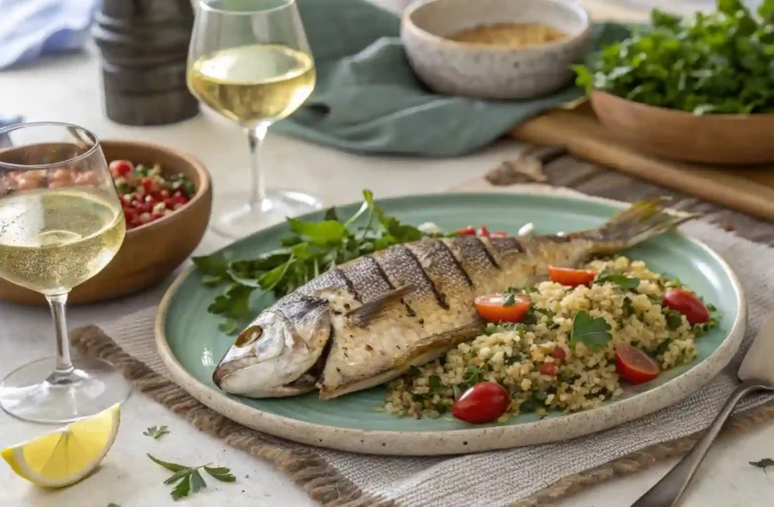 Mediterranean dinner table with grilled dorado fish and fresh, healthy sides.