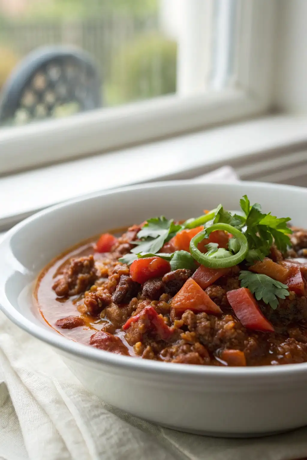 A bowl of chili vegetal topped with avocado, cilantro, and lime on a wooden table.