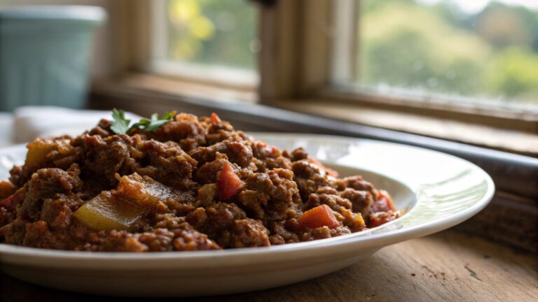 Close-up of Crock Pot Picadillo with rich textures and warm, natural lighting, highlighting the authentic, home-cooked look of the dish.
