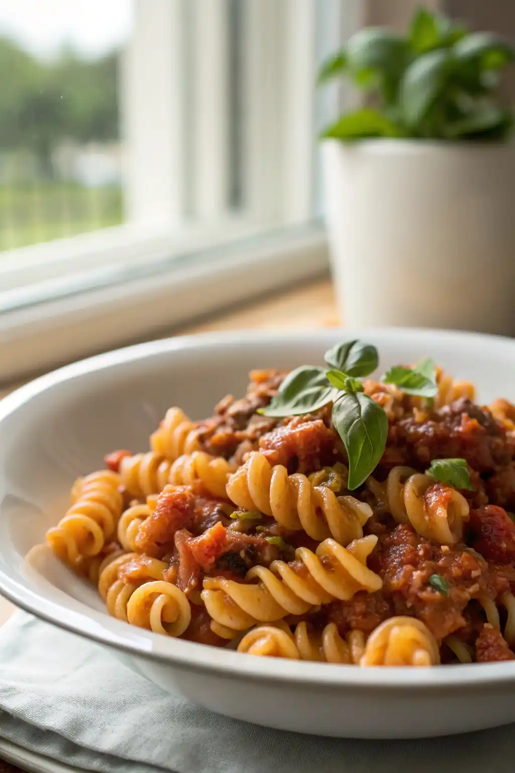 A close-up shot of trottole pasta with rich textures and natural colors, captured in soft daylight for an authentic, high-quality food photography look.