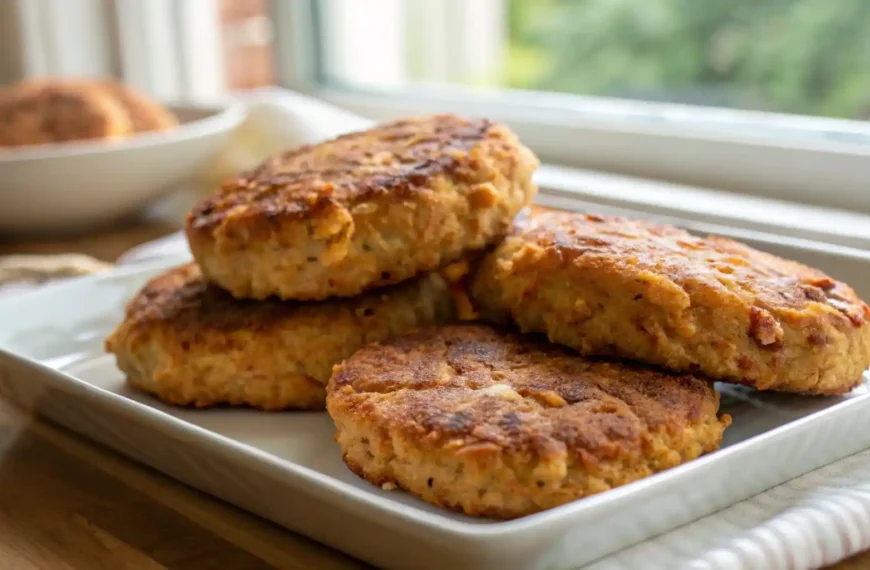 Classic and spicy Tyson chicken patties air fryer with dipping sauces on a wooden board