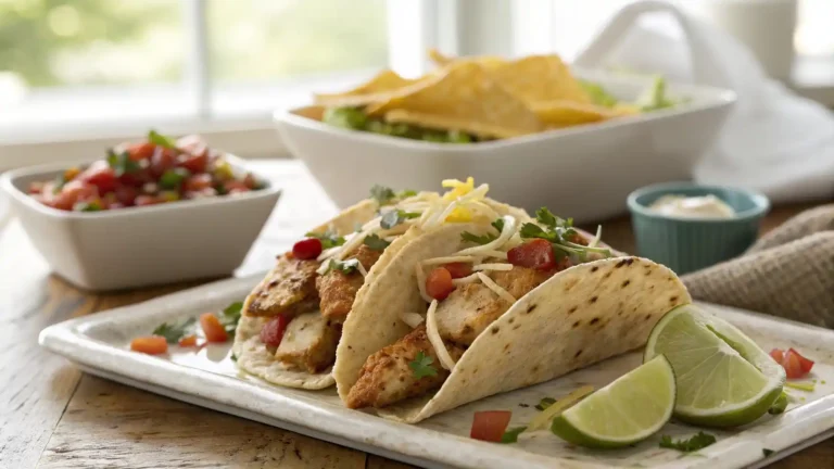 Close-up of Costco dinner kit chicken taco with grilled chicken, slaw, shredded cheese, and creamy sauce, captured in soft natural daylight with rich textures and no background.