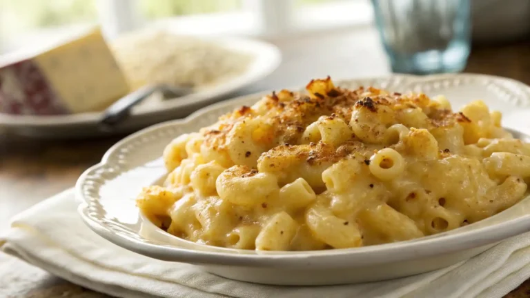 Close-up of Paula Deen mac and cheese with a creamy, golden texture captured in natural daylight, showing rich, realistic colors and soft details on a white background.