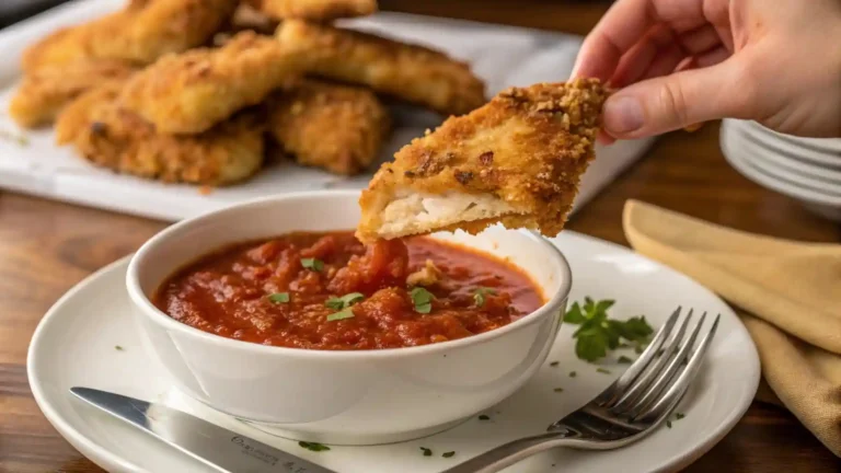Dipping crispy chicken fritta into a bowl of marinara sauce, highlighting the crispy coating.