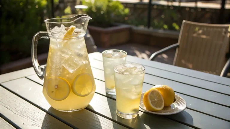 Pitcher and glass of Panera agave lemonade served with ice and lemon slice, set on an outdoor table.