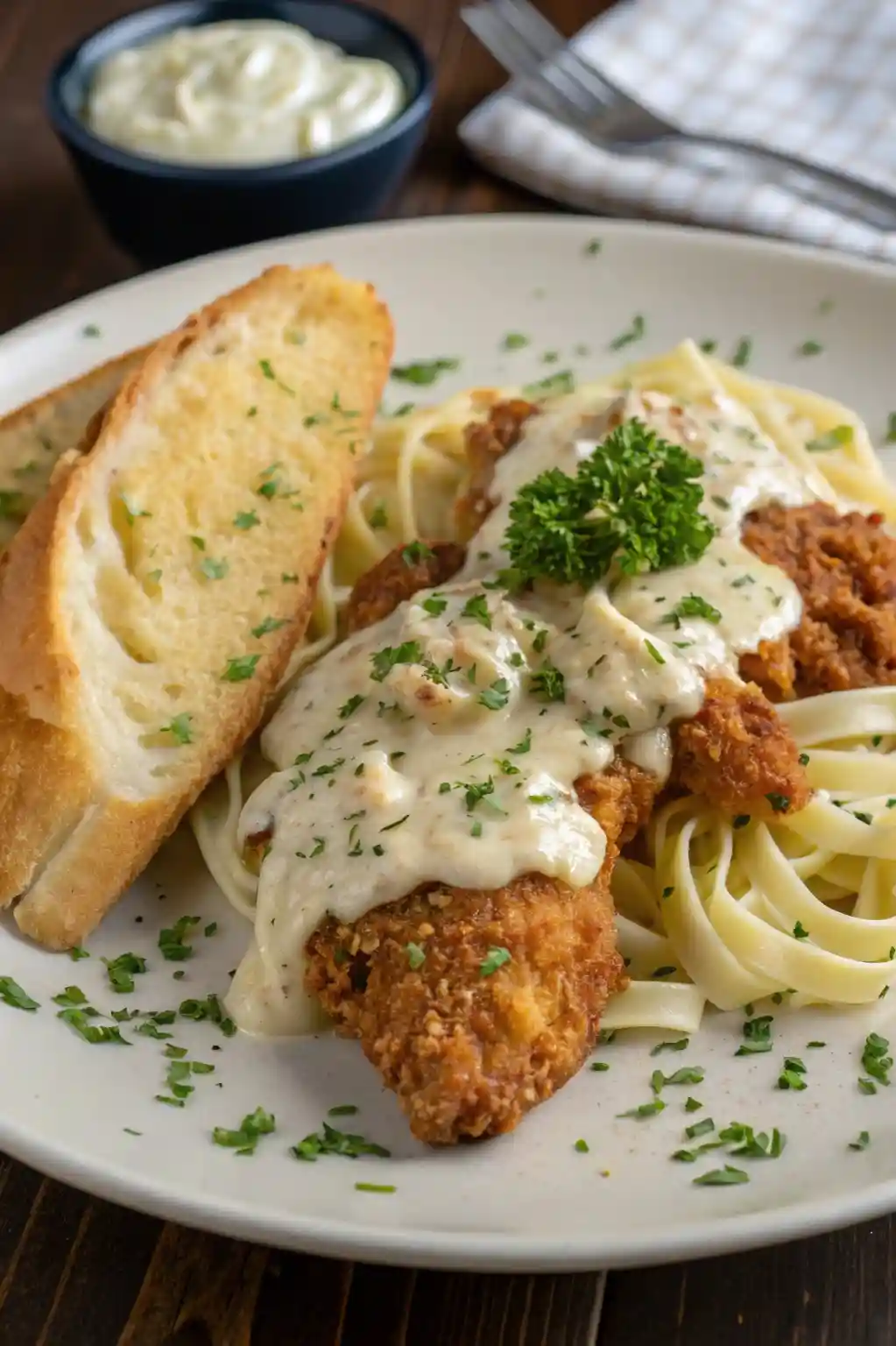 Crispy chicken fritta served with creamy Alfredo sauce and garlic bread on the side.