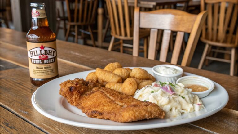 A Southern-style fried fish dinner, featuring crispy fish, coleslaw, hushpuppies, and a bottle of Hillbilly Fish Fry Seasoning.