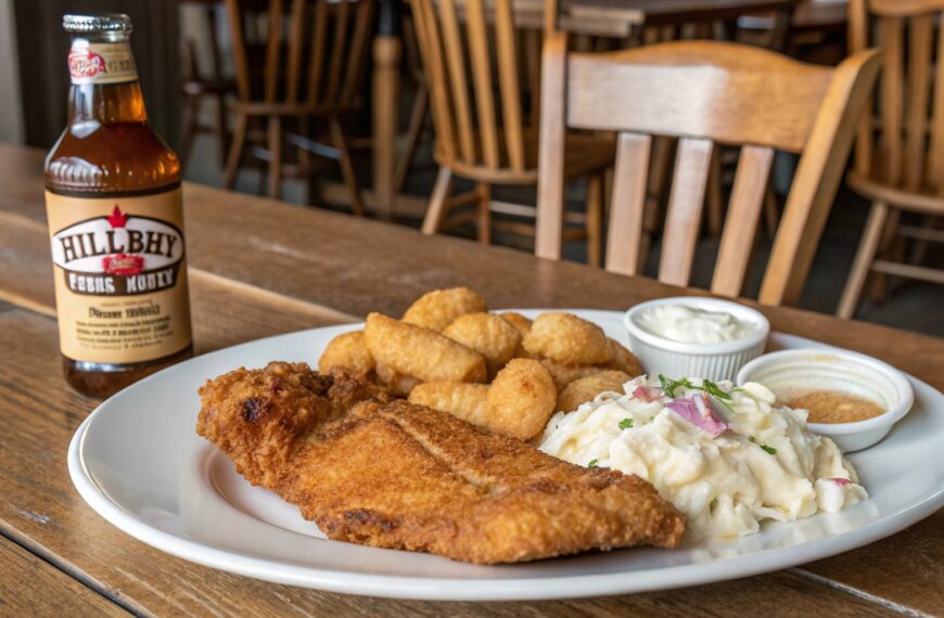 A Southern-style fried fish dinner, featuring crispy fish, coleslaw, hushpuppies, and a bottle of Hillbilly Fish Fry Seasoning.