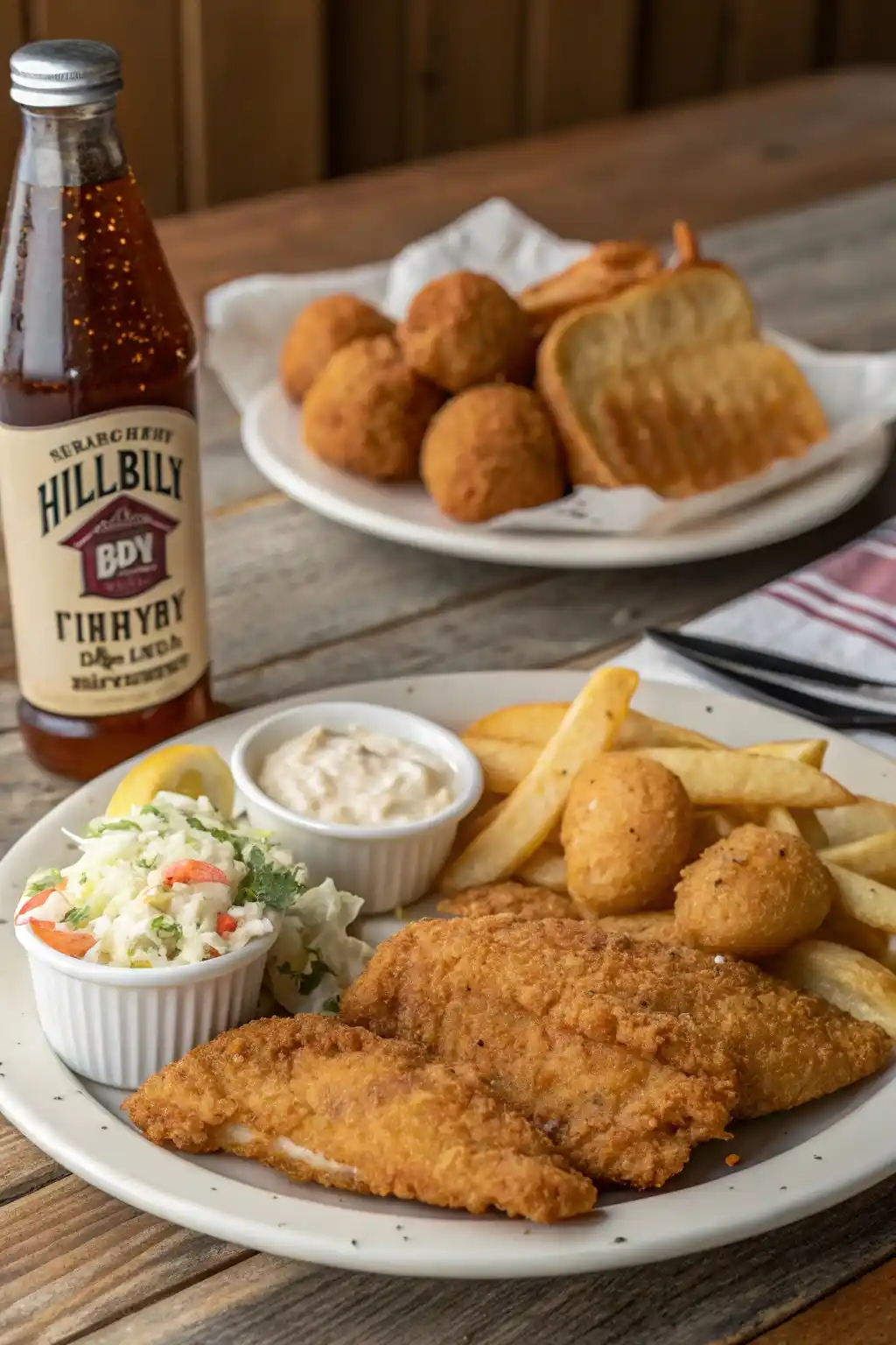 A Southern-style fried fish dinner, featuring crispy fish, coleslaw, hushpuppies, and a bottle of Hillbilly Fish Fry Seasoning.