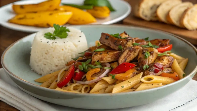 A full meal of Bahama Breeze's Famous Jerk Chicken Pasta served with coconut rice and caramelized sweet plantains on a wooden dining table.