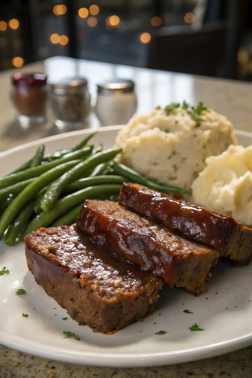 Homemade copycat Cheesecake Factory meatloaf recipe served with mashed potatoes and green beans on a white dinner plate.