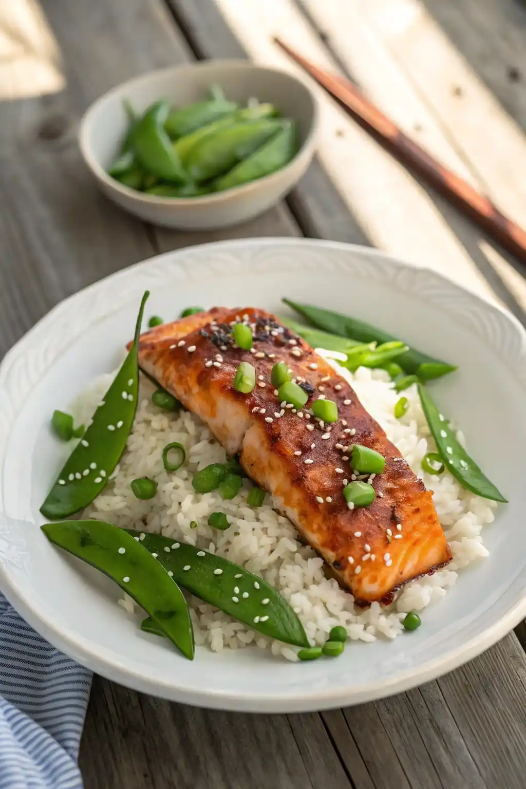 Miso-glazed salmon on jasmine rice with snow peas, garnished with sesame seeds and green onions