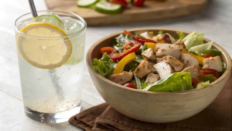 A glass of lemon water beside a bowl of Willow Tree chicken salad, with soft lighting illuminating the fresh ingredients.
