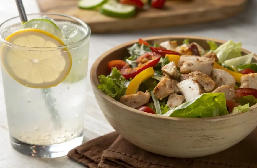 A glass of lemon water beside a bowl of Willow Tree chicken salad, with soft lighting illuminating the fresh ingredients.