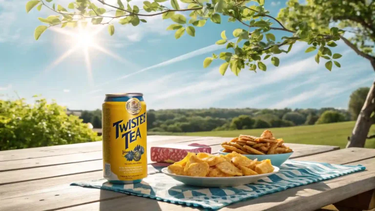 Twisted Tea Original served with a side of snacks on a picnic table in a sunny outdoor setting.