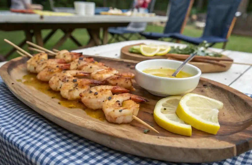 Grilled shrimp skewers served on a wooden platter with lemon wedges and garlic butter sauce.