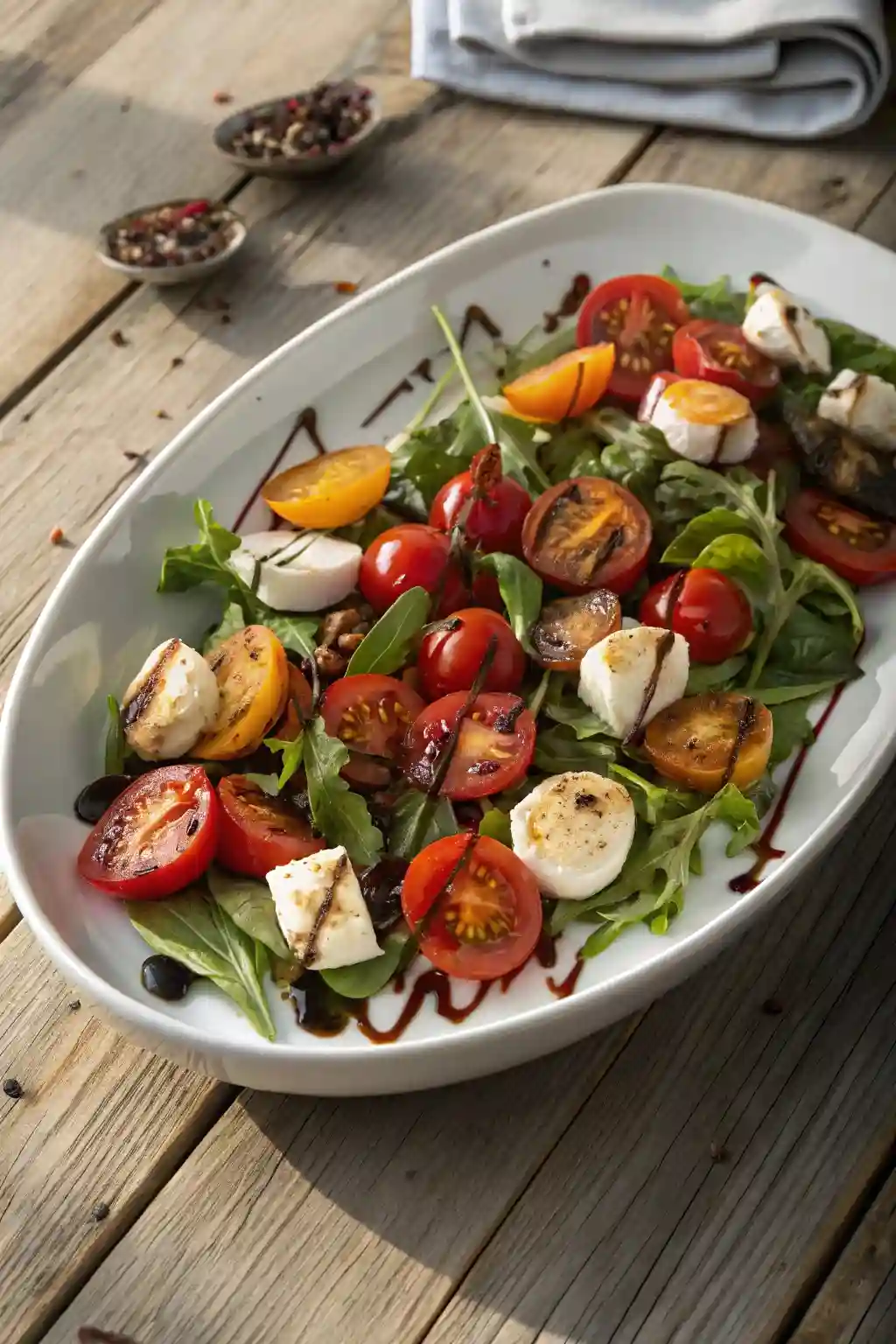 Tomato mozzarella salad with roasted cherry tomatoes, fresh mozzarella, and balsamic glaze on a white plate.