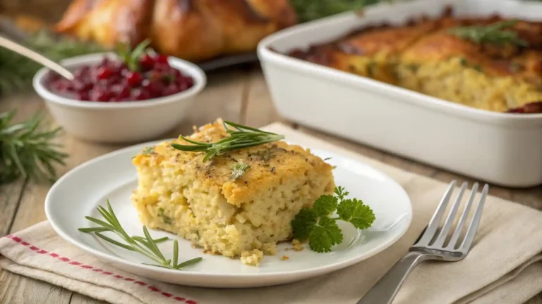 Individual serving of Paula Deen-inspired cornbread dressing with herbs on a white plate.