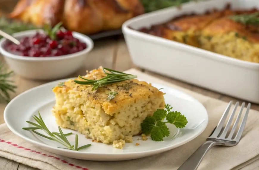 Individual serving of Paula Deen-inspired cornbread dressing with herbs on a white plate.