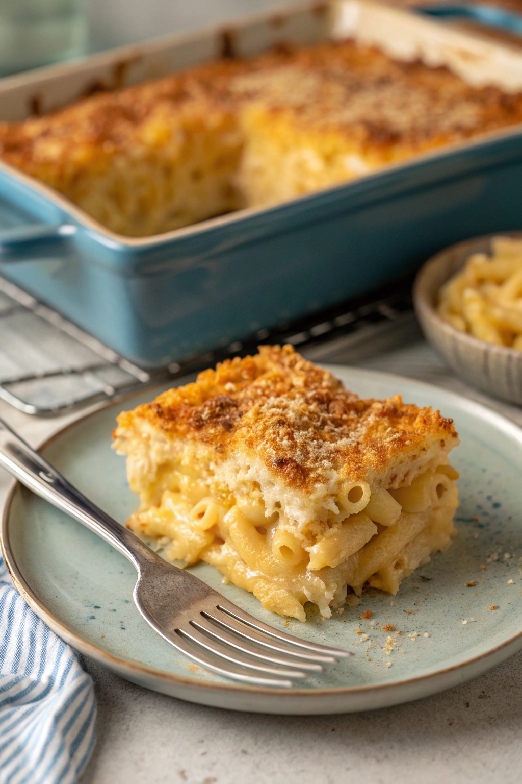 Slice of Southern baked paula deen mac and cheese showing creamy center and crispy cheese top being served onto a plate.
