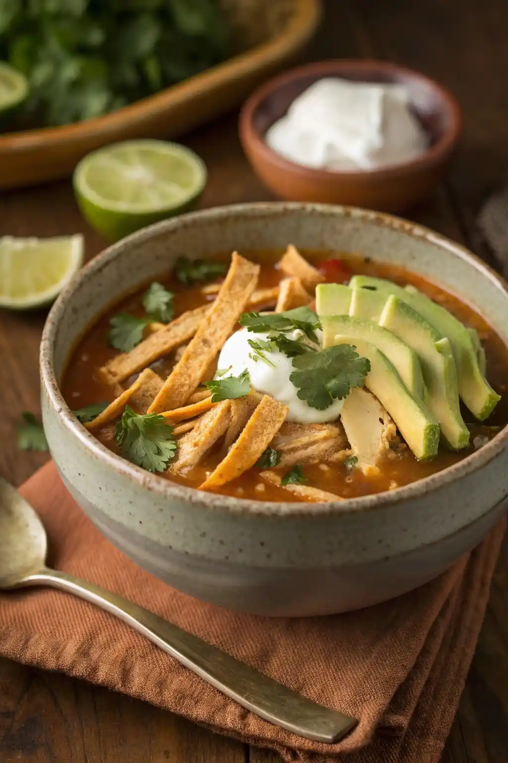 A bowl of homemade chicken tortilla soup garnished with crispy tortilla strips, avocado, cilantro, and sour cream, served on a wooden table with a lime wedge.