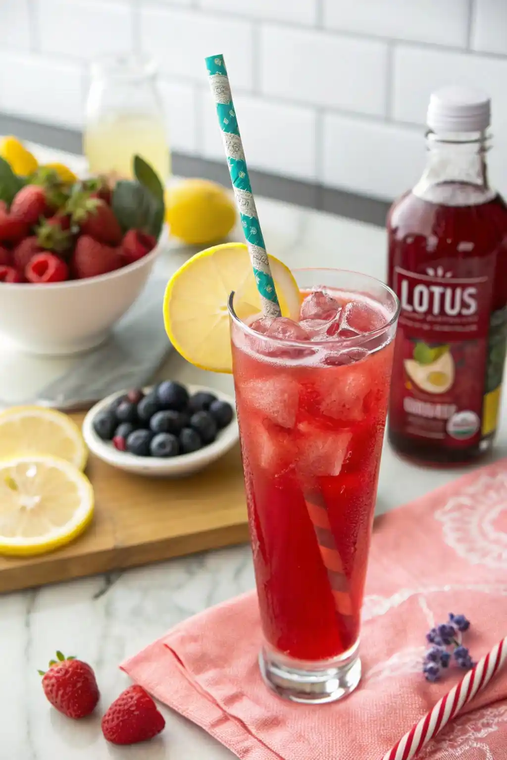 Vibrant red Lotus energy drink in a glass with ice, lemon wedge, and straw on a kitchen counter with berries and concentrate bottle.